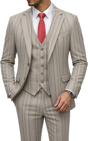 MOGU 3 Piece Pinstripe Suit for Men Slim Fit Stripe Tuxedo Single Breasted Dress Set for Business Wedding Party in Kuwait