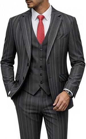 MOGU 3 Piece Pinstripe Suit for Men Slim Fit Stripe Tuxedo Single Breasted Dress Set for Business Wedding Party in Kuwait