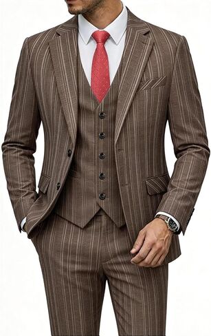 MOGU 3 Piece Pinstripe Suit for Men Slim Fit Stripe Tuxedo Single Breasted Dress Set for Business Wedding Party in Kuwait