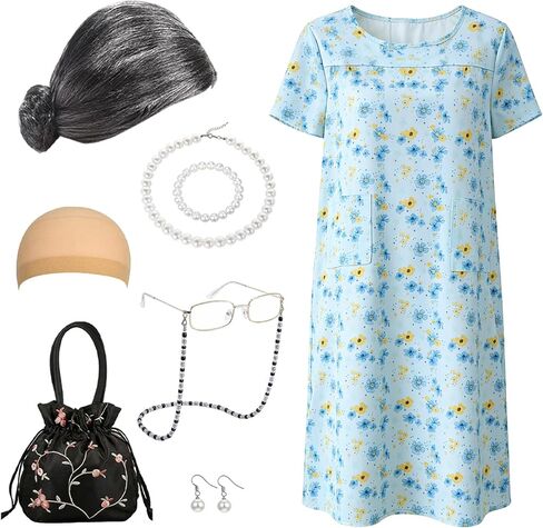 Carreuty 8 Pcs Old Lady Costume Women Granny 100 Days of School Kit with Granny Dress Wig Hairpiece Necklace Bracelet Earrings Spectacles Spectaclechain Bag for Cosplay Carnival Party Outfits in Kuwait