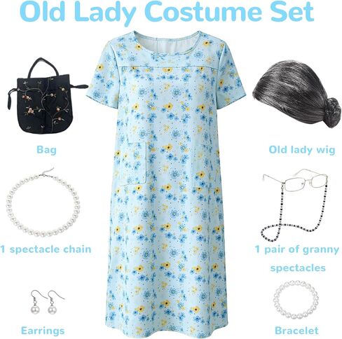 Carreuty 8 Pcs Old Lady Costume Women Granny 100 Days of School Kit with Granny Dress Wig Hairpiece Necklace Bracelet Earrings Spectacles Spectaclechain Bag for Cosplay Carnival Party Outfits in Kuwait