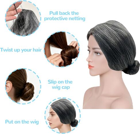 Carreuty 8 Pcs Old Lady Costume Women Granny 100 Days of School Kit with Granny Dress Wig Hairpiece Necklace Bracelet Earrings Spectacles Spectaclechain Bag for Cosplay Carnival Party Outfits in Kuwait