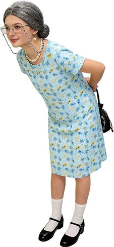 Carreuty 8 Pcs Old Lady Costume Women Granny 100 Days of School Kit with Granny Dress Wig Hairpiece Necklace Bracelet Earrings Spectacles Spectaclechain Bag for Cosplay Carnival Party Outfits in Kuwait