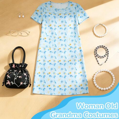 Carreuty 8 Pcs Old Lady Costume Women Granny 100 Days of School Kit with Granny Dress Wig Hairpiece Necklace Bracelet Earrings Spectacles Spectaclechain Bag for Cosplay Carnival Party Outfits in Kuwait