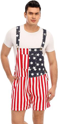 American Flag Denim Bib Overalls Patriotic Rompers Shorts Summer Holiday Jumpsuit Costume Outfit Mens & Womens in Kuwait