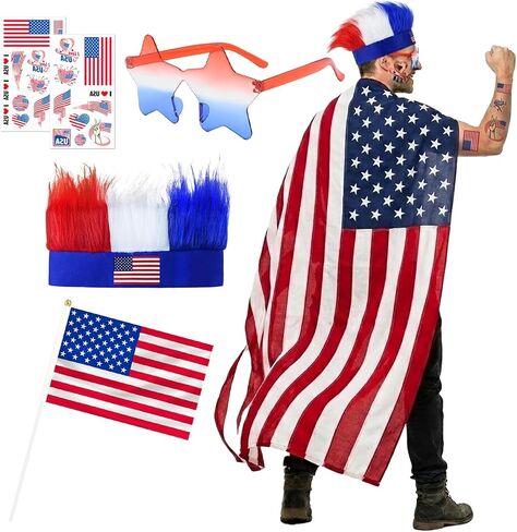 World Cup 2026 Fan Outfit Set - USA Soccer Costume Kit with Wig Headband, Flag Cape, Star Sunglasses, Handheld Flag & Tattoos - Patriotic Gear for 4th of July Party in Saudi Arabia