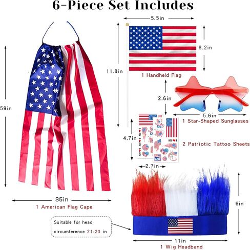 World Cup 2026 Fan Outfit Set - USA Soccer Costume Kit with Wig Headband, Flag Cape, Star Sunglasses, Handheld Flag & Tattoos - Patriotic Gear for 4th of July Party in Saudi Arabia