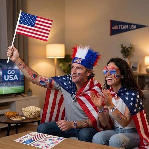 World Cup 2026 Fan Outfit Set - USA Soccer Costume Kit with Wig Headband, Flag Cape, Star Sunglasses, Handheld Flag & Tattoos - Patriotic Gear for 4th of July Party in Saudi Arabia