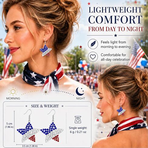Red White Blue Patriotic Earrings for Women | 4th of July Star Dangle, Crystal, Independence Day Accessories, American Flag Jewelry in Saudi Arabia