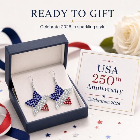 Red White Blue Patriotic Earrings for Women | 4th of July Star Dangle, Crystal, Independence Day Accessories, American Flag Jewelry in Saudi Arabia