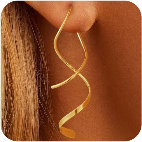 14K Gold Plated Spiral Dangle Earrings, Twisted Threader Drop, Hypoallergenic, Lightweight, for Women, Anniversary Birthday Christmas in Saudi Arabia