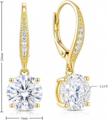 14K Yellow Gold 1.2CT Round Cubic Zirconia Drop Hoop Earrings, Dainty Pave CZ Huggie Dangle Earrings for Women, Sparkly Solitaire Crystal Leverback Earrings Womens Jewelry Gift in Saudi Arabia