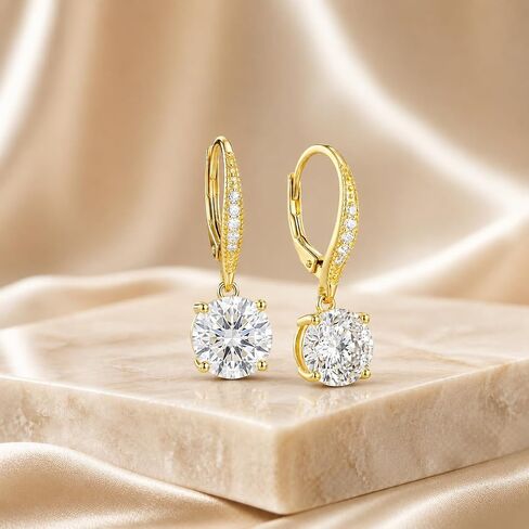 14K Yellow Gold 1.2CT Round Cubic Zirconia Drop Hoop Earrings, Dainty Pave CZ Huggie Dangle Earrings for Women, Sparkly Solitaire Crystal Leverback Earrings Womens Jewelry Gift in Saudi Arabia