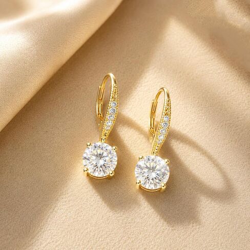 14K Yellow Gold 1.2CT Round Cubic Zirconia Drop Hoop Earrings, Dainty Pave CZ Huggie Dangle Earrings for Women, Sparkly Solitaire Crystal Leverback Earrings Womens Jewelry Gift in Saudi Arabia