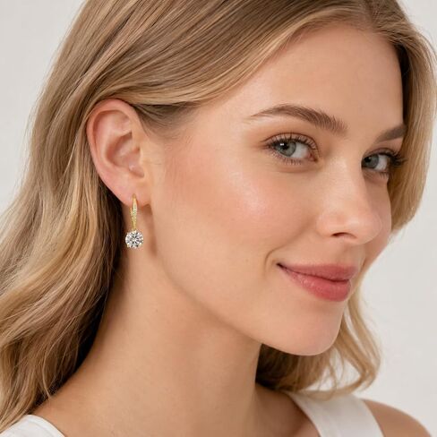14K Yellow Gold 1.2CT Round Cubic Zirconia Drop Hoop Earrings, Dainty Pave CZ Huggie Dangle Earrings for Women, Sparkly Solitaire Crystal Leverback Earrings Womens Jewelry Gift in Saudi Arabia