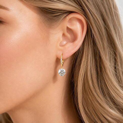 14K Yellow Gold 1.2CT Round Cubic Zirconia Drop Hoop Earrings, Dainty Pave CZ Huggie Dangle Earrings for Women, Sparkly Solitaire Crystal Leverback Earrings Womens Jewelry Gift in Saudi Arabia
