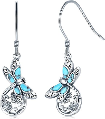 S925 Sterling Silver Turquoise Dragonfly Sunflower/Hummingbird/Butterfly/Cross/Anchor Earring Vintage Bohemian Jewelry Natural Drop/Stud Earrings Birthday Jewelry Gifts for Women in Kuwait