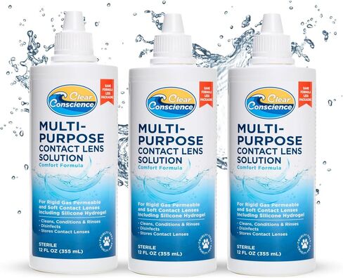 Cruelty-Free Contact Lens Solution 12oz - Multipurpose Cleaner & Sterile Isotonic Eye Contacts Care by Clear Conscience (3 Pack) in Saudi Arabia