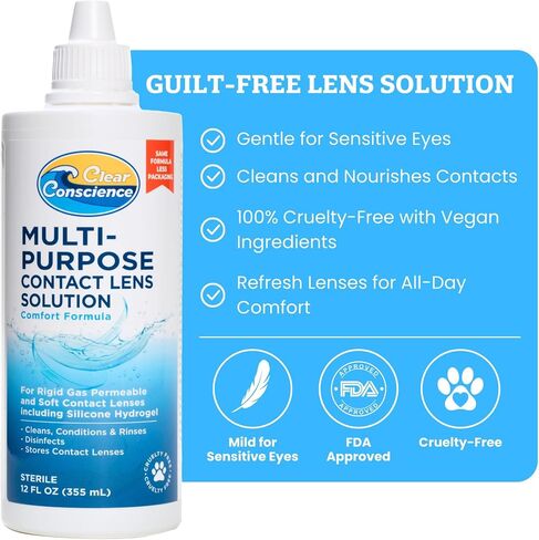 Cruelty-Free Contact Lens Solution 12oz - Multipurpose Cleaner & Sterile Isotonic Eye Contacts Care by Clear Conscience (3 Pack) in Saudi Arabia