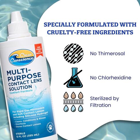 Cruelty-Free Contact Lens Solution 12oz - Multipurpose Cleaner & Sterile Isotonic Eye Contacts Care by Clear Conscience (3 Pack) in Saudi Arabia