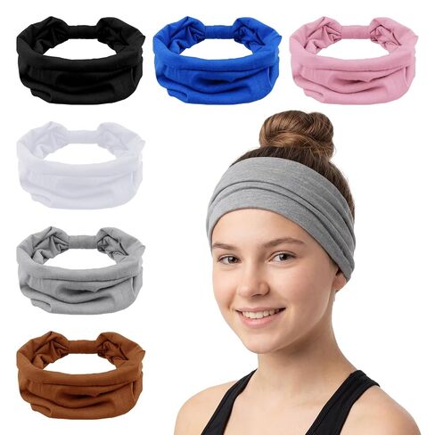 6 Pack Wide Elastic Sports Headbands for Women Non-Slip Sweatbands for Running Yoga Workout Makeup Soft Stretchy Hair Accessories(Grey/Blue/Brown/White/Pink/Black) in Kuwait