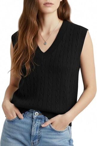 Wowcarbazole Womens Sweater Vest V Neck Cable Sleeveless Ribbed Knitwear Trendy Solid Pullover Tank Tops Outfits in Saudi Arabia
