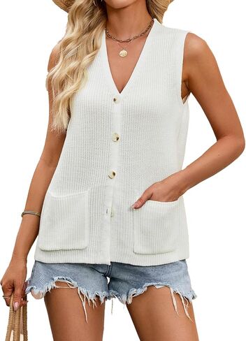 Womens Summer Vest with Pockets Tops Knit Sweater Button Down Sleeveless Cap Sleeve Cardigan Casual Cropped Top in Saudi Arabia