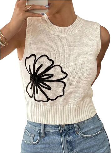 SOLY HUX Women's Floral Sweater Vest Crewneck Sleeveless Knit Going Out Crop Tops in Kuwait
