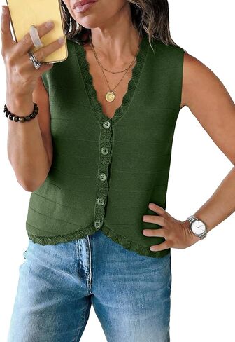 Anbech Womens Sleeveless Sweater Vest V Neck Cropped Knit Cardigans Button Down Casual Summer Tank Tops in Kuwait