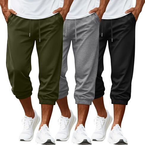 3 Pack Mens Capri Pants 3/4 Joggers Athletic Workout Sweatpants Casual Below Knee Drawstring Shorts with Pockets in Kuwait