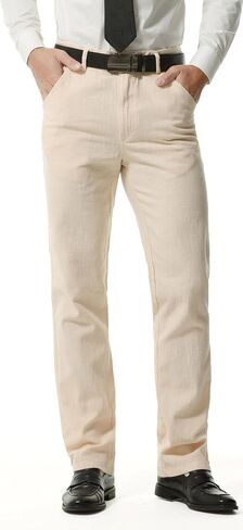 Hoerev Men's Linen Cotton Pants, Casual Business Style,4-Pocket Design,Copper Zip in Kuwait