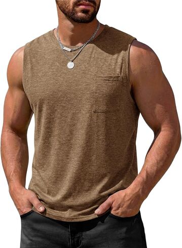 Runcati Men's Sleeveless Gym Tank Tops Workout Bodybuilding Muscle Crewneck T Shirts with Pocket in Kuwait