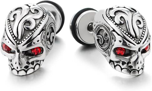 Men's Stainless Steel Skull Stud Earrings, Ornate Engraved Red Eye Jewelry, Gothic Biker Accessory, Punk Rocker Style, Gift for Him in Kuwait
