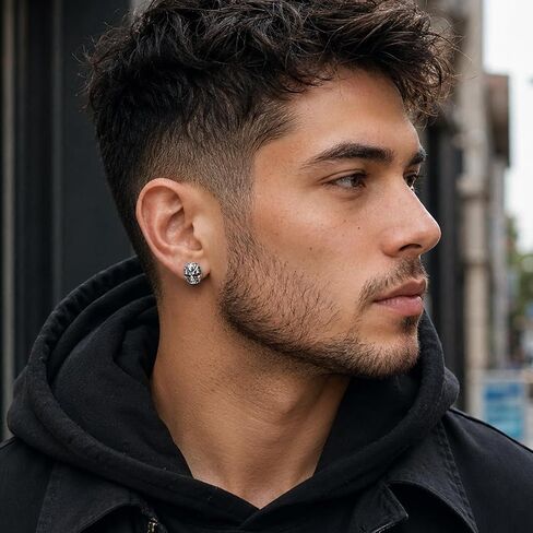 Men's Stainless Steel Skull Stud Earrings, Ornate Engraved Red Eye Jewelry, Gothic Biker Accessory, Punk Rocker Style, Gift for Him in Kuwait