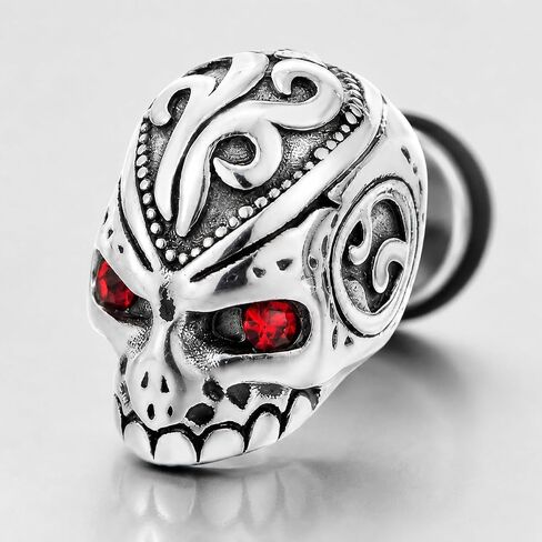 Men's Stainless Steel Skull Stud Earrings, Ornate Engraved Red Eye Jewelry, Gothic Biker Accessory, Punk Rocker Style, Gift for Him in Kuwait