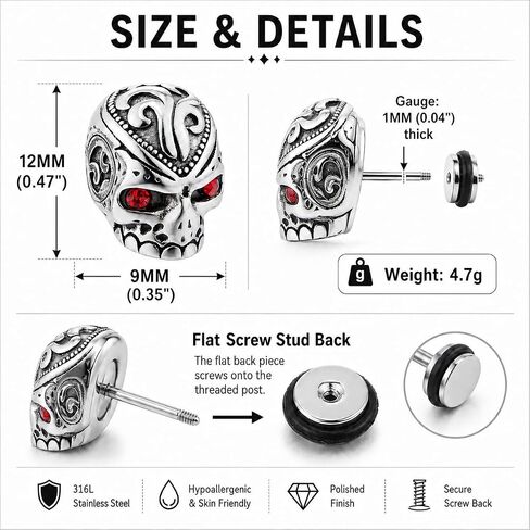 Men's Stainless Steel Skull Stud Earrings, Ornate Engraved Red Eye Jewelry, Gothic Biker Accessory, Punk Rocker Style, Gift for Him in Kuwait