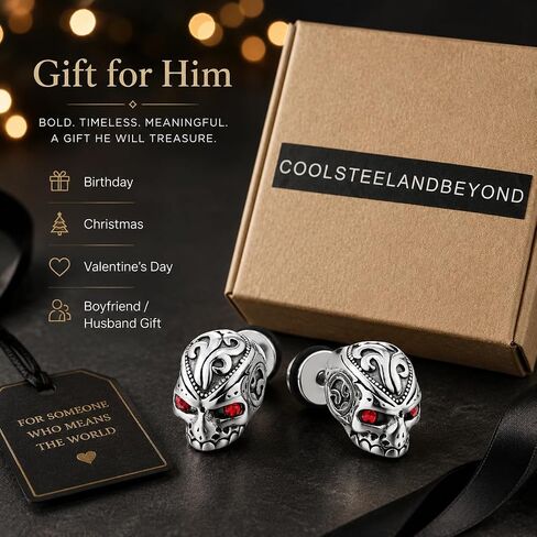 Men's Stainless Steel Skull Stud Earrings, Ornate Engraved Red Eye Jewelry, Gothic Biker Accessory, Punk Rocker Style, Gift for Him in Kuwait