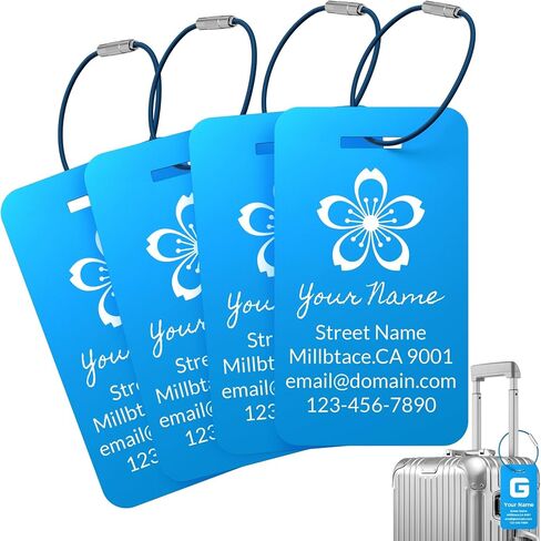4 Pack Personalized Luggage Tags for Suitcases, Custom Metal Luggage Tags with Steel Loop,Personalized Laser Engraved Aluminum Waterproof Name Tags for Backpack,Baggage,Cruise,Travel,Bag (Lake Blue) in Saudi Arabia