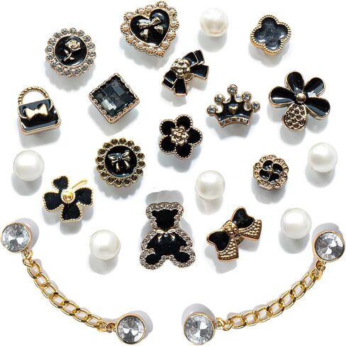 Bling Black and White Shoe Charms Set – Rhinestone Chain, Pearl Flower, Heart & Gem Designs – Decorative Shoe Accessories for Shoes, Bracelets and Bags, Gifts for Birthday, Holidays and Special Occasions in Saudi Arabia