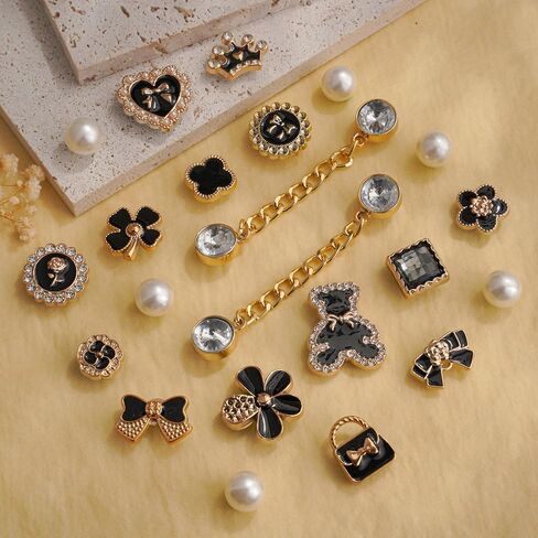 Bling Black and White Shoe Charms Set – Rhinestone Chain, Pearl Flower, Heart & Gem Designs – Decorative Shoe Accessories for Shoes, Bracelets and Bags, Gifts for Birthday, Holidays and Special Occasions in Saudi Arabia