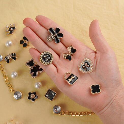 Bling Black and White Shoe Charms Set – Rhinestone Chain, Pearl Flower, Heart & Gem Designs – Decorative Shoe Accessories for Shoes, Bracelets and Bags, Gifts for Birthday, Holidays and Special Occasions in Saudi Arabia