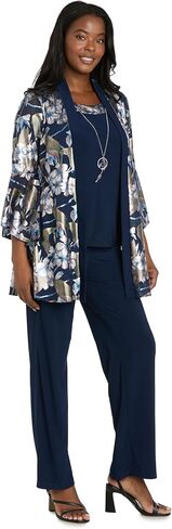 R&M Richards Women's 2-Piece Pant Set - Floral Foil Print Jacket W/Bell Sleeves, Mock Top Detail, Necklace & Pull-On Pants in Kuwait