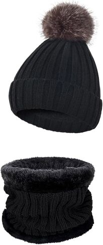 Hat Beanie+Neckwarmer Set Men and Women Warm Hats Scarf Unisex Knit Skull Cap Neck Warmer with Fleece Lined in Kuwait