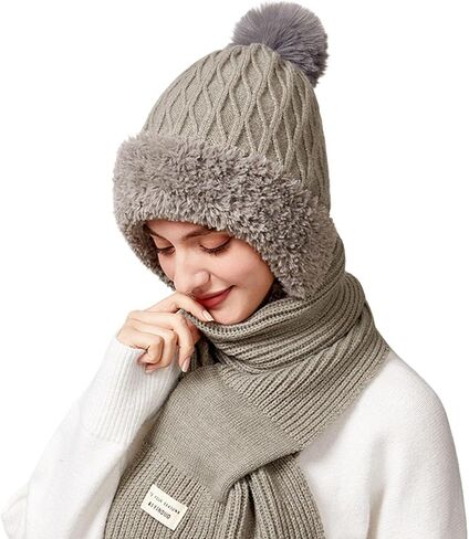 Integrated Cap Scarf Women Winter Hooded Hat Scarf Knit Neckwarmer Warm Beanie Hat in Kuwait
