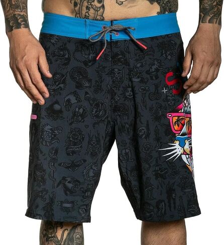 Sullen Party Panther SCM3962 New Black/Blue Water-Resistant Tattoo Graphic Board Shorts for Men in Kuwait