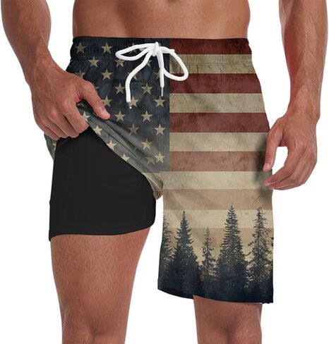 Mens Swim Trunks Bathing Suit Swimming Shorts 7 Inch Compression Liner Board Inseam Beach American Flag 4th of July Patriotic in Kuwait