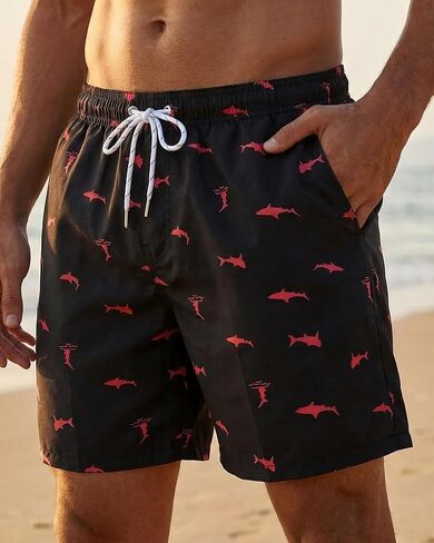 Men's Quick Dry Print Swim Trunks, Casual Beach Board Shorts with Drawstring and Pockets, Red in Kuwait