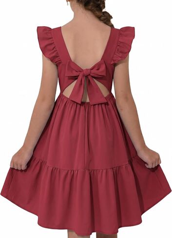 NEW 6-14 Years Girls Dress Flutter Sleeve Square Neck Backless Bow Party Dress Wedding Guest Summer Sundress in Kuwait