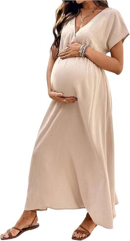 OYOANGLE Women's Maternity Dress Short Sleeve Wrap V Neck Side Slit Long Dress Pregnancy Vacation Clothes in Kuwait
