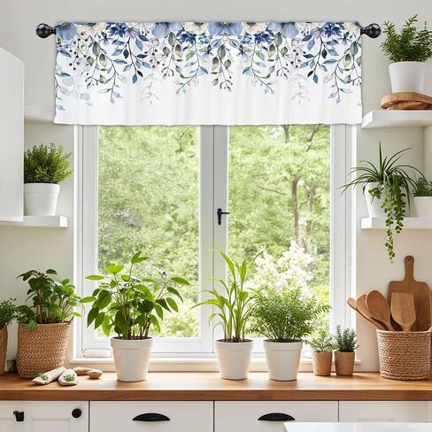 54x18Inch Blue White Botanical Floral Leaf Kitchen Curtain Spring Watercolor Flowers Rustic Farmerhouse Window Treatment Topper Valance Home Bedroom Decor Semi Sheer Drape Polyester in Saudi Arabia
